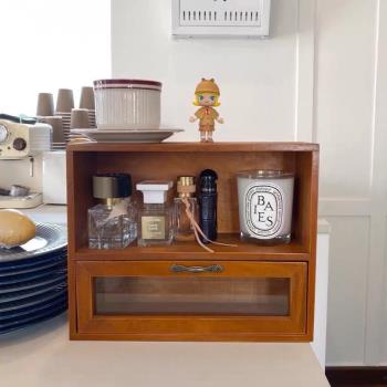 日式復古木制桌面收納盒帶玻璃抽屜杯子雜物置物架盲盒防塵小柜子