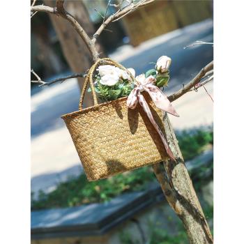 海草手工編織草編手提包插花擺件復古文藝裝飾禮品籃購物籃花籃