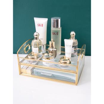 桌面化妝品收納盒高級感梳妝臺透明玻璃口紅護膚品面膜置物架金邊