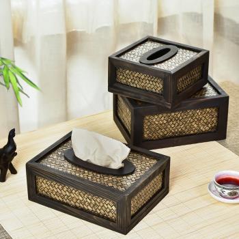 泰國竹編紙巾盒家用客廳創意實木質復古藤編輕奢新中式餐巾抽紙盒