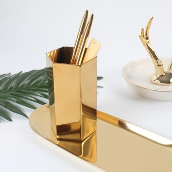 初見 北歐黃銅金色六邊形筆筒插花瓶裝飾物攝影道具金屬桌面擺件