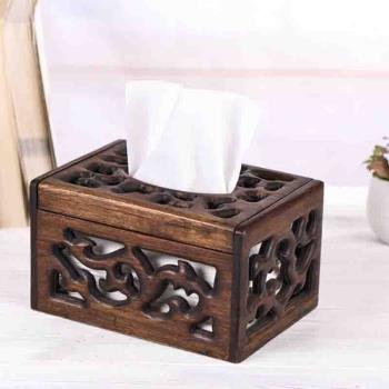 泰國實木質紙巾盒鏤空復古家用客廳廚房桌面創意輕奢多功能抽紙盒