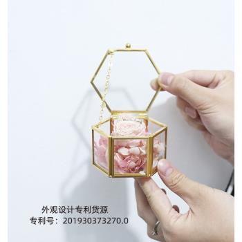 森系永生花diy婚禮戒指盒透明玻璃金色首飾盒收納盒飾品盒小清新
