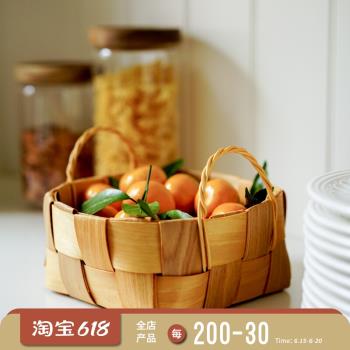 日式手工木片編織籃 雙耳面包籃水果蔬菜籃子零食筐雜物收納筐