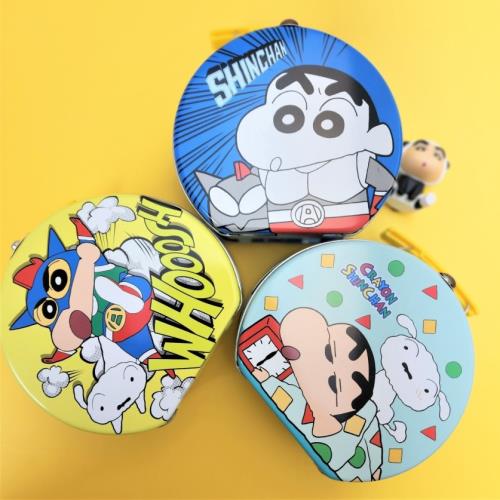 韓國進口可愛小新卡通圓形手提鐵盒文具零食雜物玩具整理收納盒子