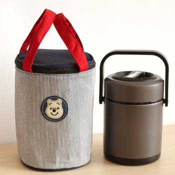 可愛優質帆布小熊條紋保溫/保冷飯盒包圓形圓桶便當包手提手拎包