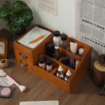 Zakka桌面置物架木制抽屜式木質化妝品收納盒收納架面膜香水整理