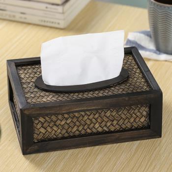木質竹編紙巾盒客廳家用泰國進口東南亞風格酒店長方形復古抽紙盒