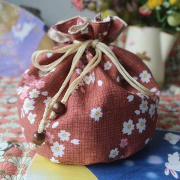 和風收納袋日式櫻花雙層滌棉布藝束口袋手工制作飯盒袋家庭整理袋