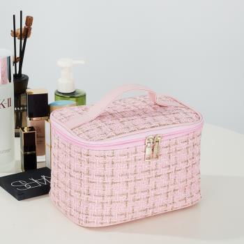 新款小香風化妝包大容量格子手提韓版便攜洗漱收納包妝盒旅行包
