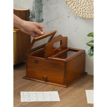 手提針線盒抽屜式桌面收納盒zakka藥箱木質分隔帶蓋化妝品儲物盒