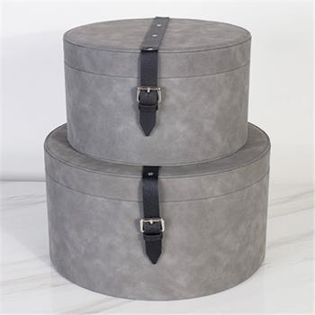 衣柜帽子皮革收納圓盒灰色衣帽間新款大號圓形皮質置物儲物盒