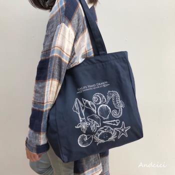 ANDCICI 文藝慵懶風chic貝殼插畫帆布包女單肩大容量購物袋托特包