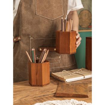 日式復古化妝筆筒女多功能兒童實木收納盒筆架桌面整理木質筆插