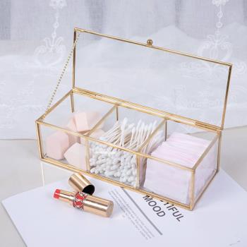 歐式簡約分格玻璃盒首飾盒化妝棉粉撲美甲盒精致化妝品桌面收納盒