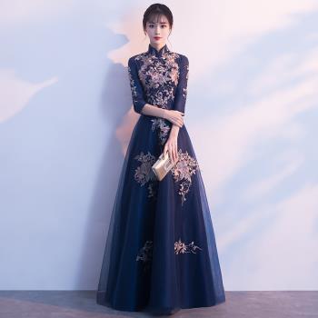 中式大合唱年會旗袍長款晚禮服裙