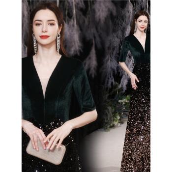 天使嫁衣 女王墨綠色性感V領演出宴會年會生日派對婚紗禮服17911