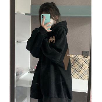 黑色連帽衛衣女chic韓系復古寬松設計感套頭上衣百搭加絨加厚外套