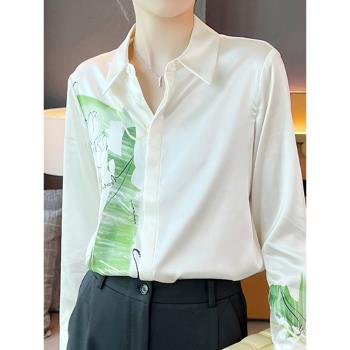 韓版網紅ins潮高端輕奢氣質通勤印花真絲白色襯衫高級感長袖襯衣