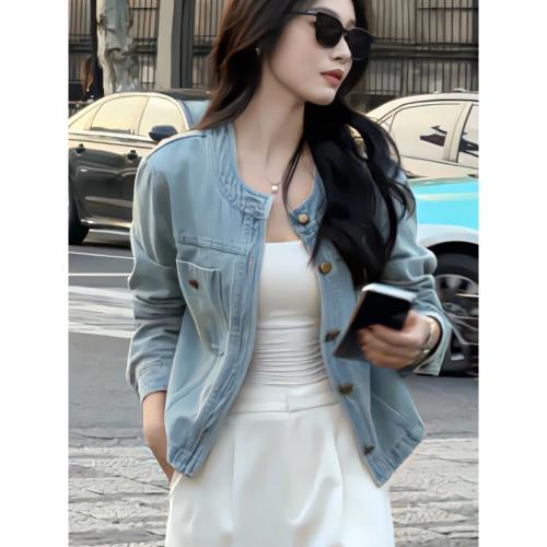 復古小香風淺色牛仔外套女春秋季高級感寬松休閑百搭短款夾克上衣