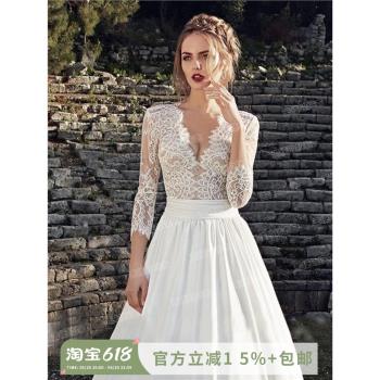 天使嫁衣性感深V領法式蕾絲長袖公主新娘婚紗禮服w398批發