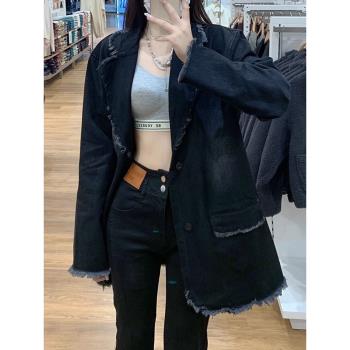小香風毛邊黑色西裝牛仔外套女秋裝復古港風設計感工裝夾克風衣潮