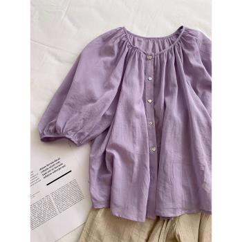 法式天絲紫色泡泡袖襯衫女短袖夏季薄款寬松小個子娃娃衫圓領襯衣