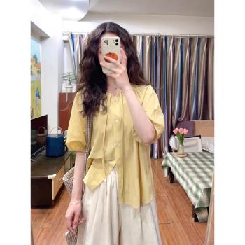 黃色泡泡袖襯衫女夏季2023新款法式氣質寬松設計感小眾五分袖上衣
