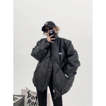 廢柴冬季美式重磅設計感PU皮刺繡羽絨服女寬松菱形格白鴨絨外套潮