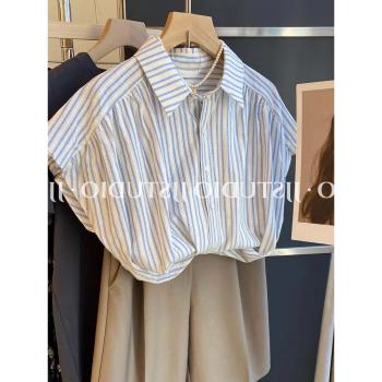 法式高級感氣質條紋短袖襯衫女夏季寬松設計感小眾上衣polo領襯衣