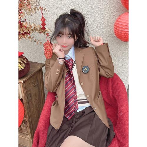 圣卡特茶西麻衣學姐JK制服西裝外套女春秋原創茶色西服校供感套裝