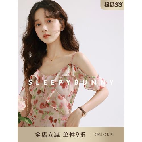 瞌睡兔 《落日玫瑰》粉色印花吊帶裙女甜美溫柔純欲荷葉邊連衣裙