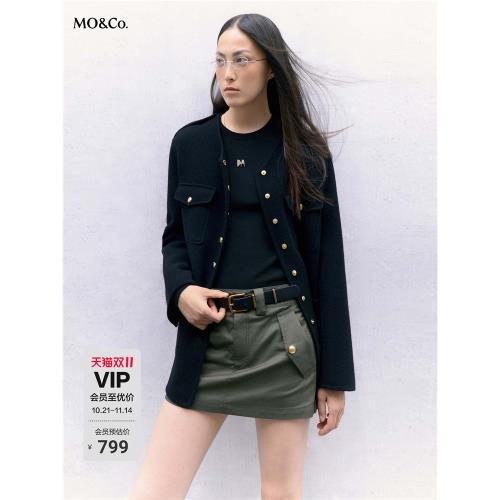 【美麗諾綿羊毛】MOCO中長金扣圓領毛呢外套高端上衣女夾克大衣