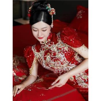 高貴古典紅色中式新娘結婚敬酒服婚禮婚宴婚慶婚紗禮服旗袍19126