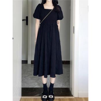 法式方領黑色連衣裙子女夏季2023年新款氣質顯瘦長裙子質感高級感