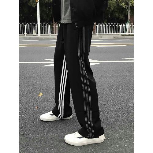 高街女孩穿搭大碼胖妹妹歐美街頭風褲子直筒條紋運動褲抽繩休閑褲