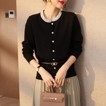 2023春秋季女裝內搭針織衫小香風名媛溫柔風釘珠鑲鉆仙女開衫毛衣