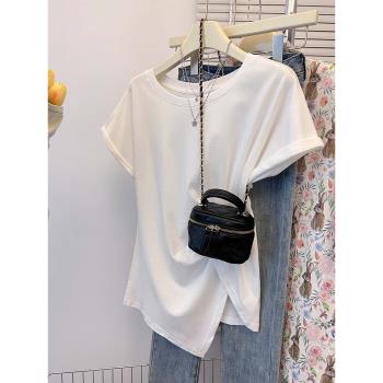 韓國東大門褶皺短袖t恤女夏季設計感修身顯瘦不規則開叉純棉上衣