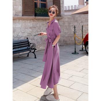 今年流行紫色連衣裙女夏2023新款法式高級感別致驚艷收腰氣質長裙