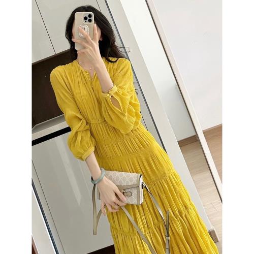 早春季茶歇法式連衣裙名媛長袖氣質超仙裙子褶皺收腰顯瘦雪紡長裙