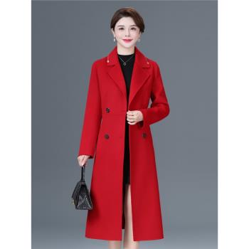 羊絨中長款韓版修身紅色外套大衣