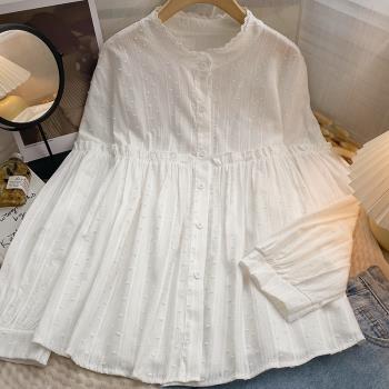 顆粒感純色中長款白色襯衫女2023年春裝新款韓版文藝氣質寬松襯衣