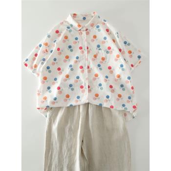 夏季純棉短袖襯衫寬松水果印花
