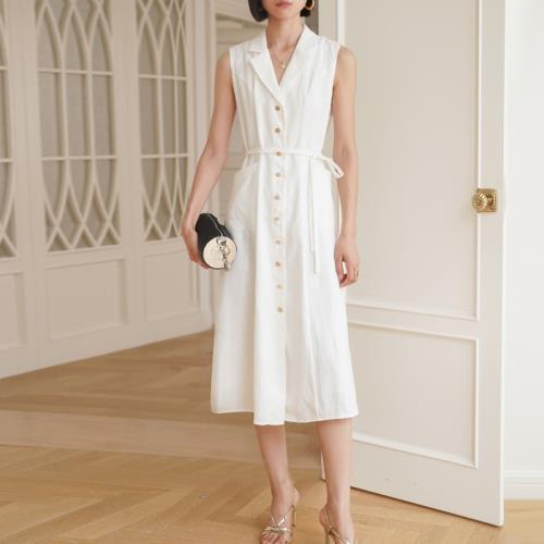 refor法式復古無袖削肩襯衫連衣裙女2025年夏季新款修身顯瘦氣質