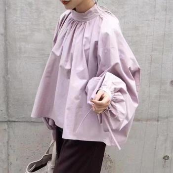 跨境寬松紫色立領系帶長袖襯衫