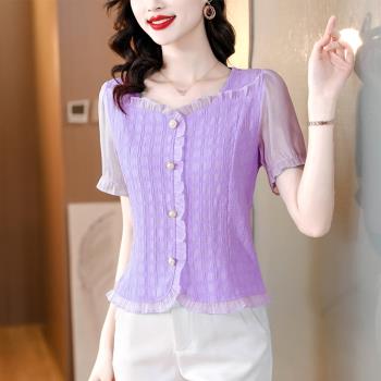 短款洋氣卡腰小衫女短袖夏季裝減齡時尚紫色雪紡襯衫漂亮方領上衣