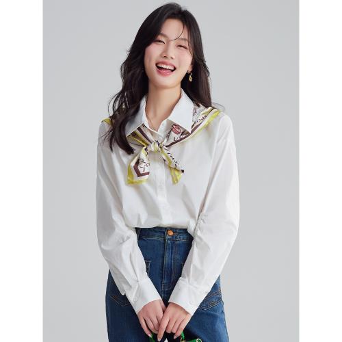 愛麗英迪白色翻領法式領巾長袖抽褶襯衫女2023年春季寬松抽褶襯衣