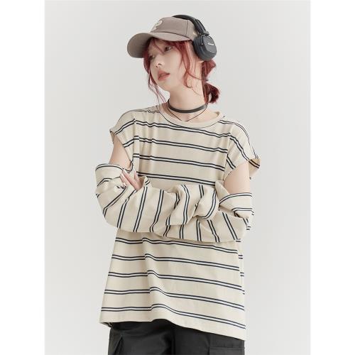 萬有引力博物館 設計感條紋長袖T恤女秋季寬松慵懶風露肩早秋上衣