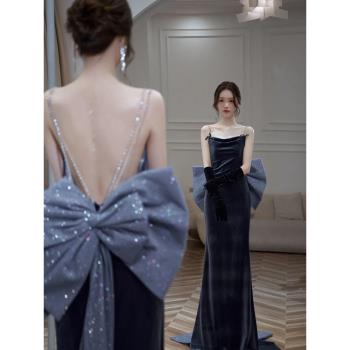 藝考高階晚禮服2024年新款宴會氣質吊帶藍色性感主持魚尾禮服聲樂