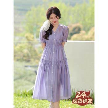 藍語胖mm紫色夏季氣質v領連衣裙